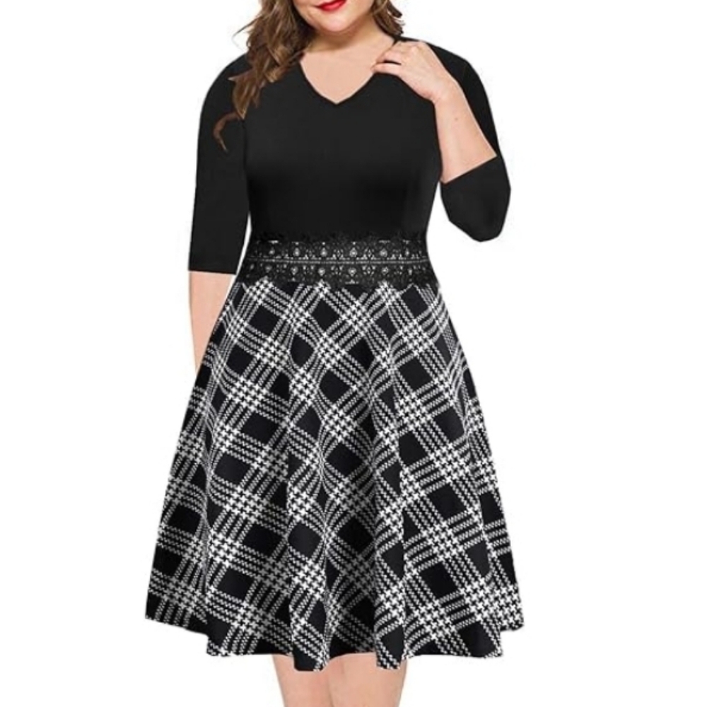 Elegant Black and White Plaid Women's Swing Dress